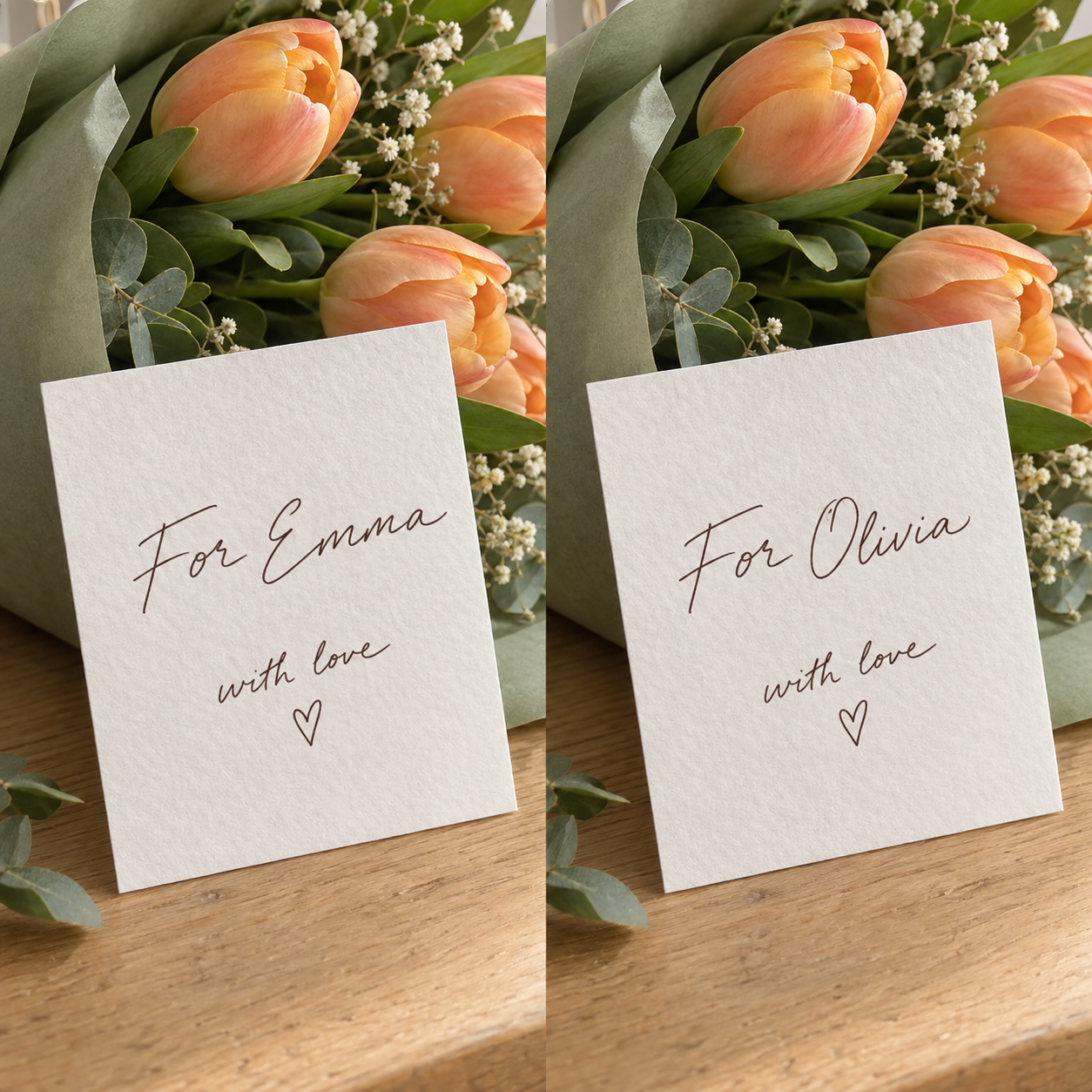 Illustrative handwritten flower card comparison: For Emma becomes For Olivia.