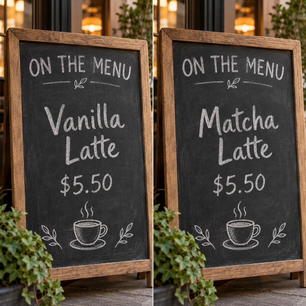 Illustrative café chalkboard comparison: Vanilla Latte becomes Matcha Latte.
