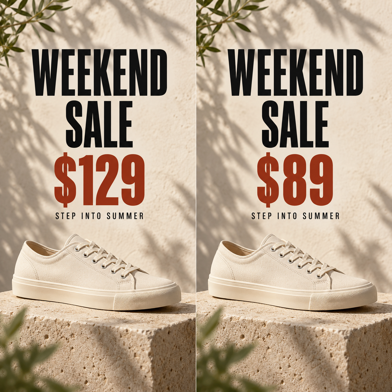 Illustrative sneaker poster comparison with the price changed from $129 to $89.